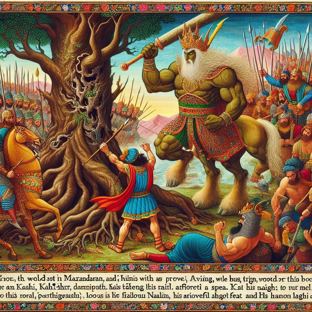 A green-skinned, crowned giant raises a mace beside a gnarled tree as a warrior on horseback challenges him; armies clash in the background