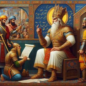 A crowned, white-bearded sage on a throne with a haloed gold backdrop, addressing a kneeling figure who unfurls a scroll; Persian manuscript style