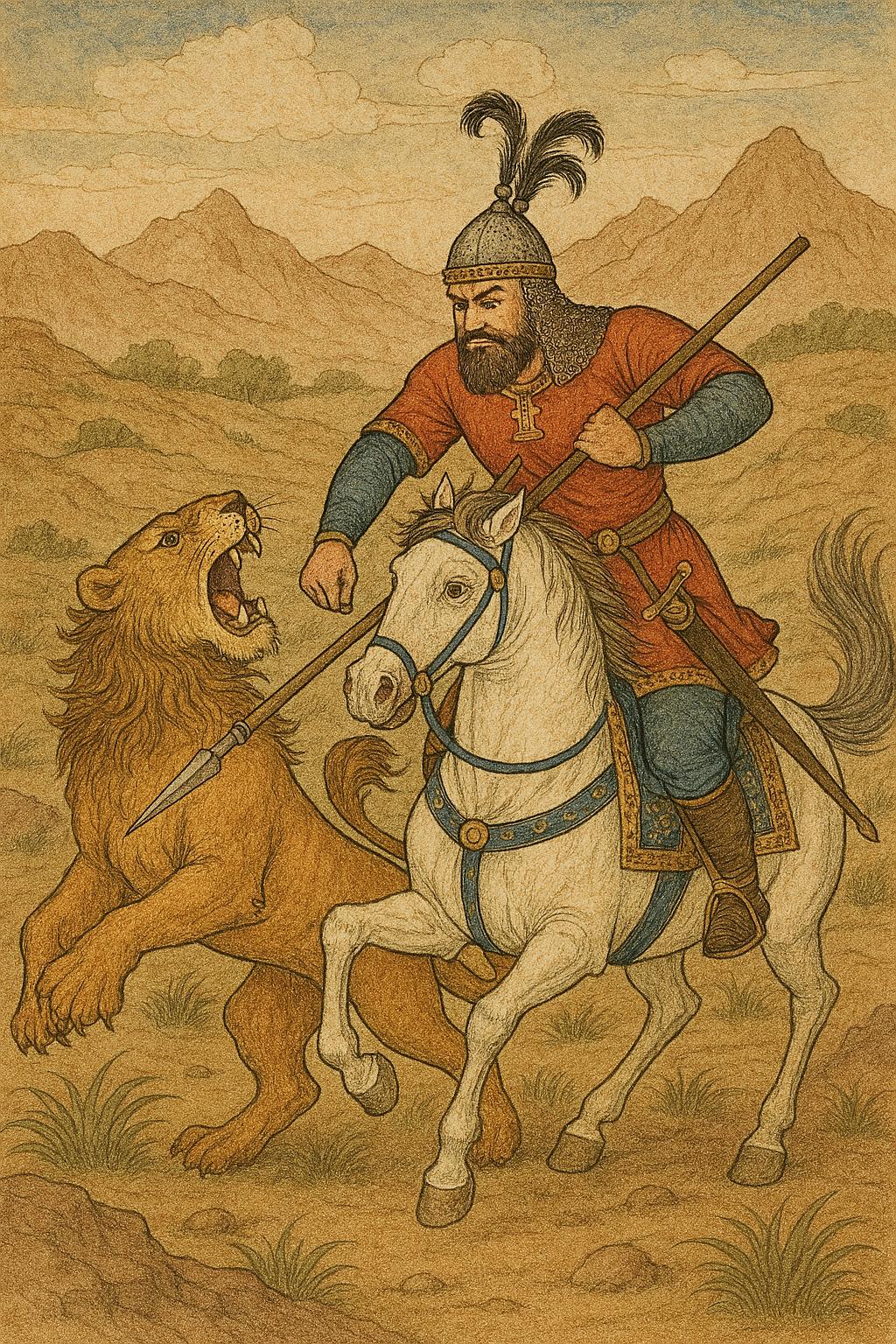 Rostam on Rakhsh charges a snarling lion in a hilly landscape — modern Persian-illuminated style, ink and color