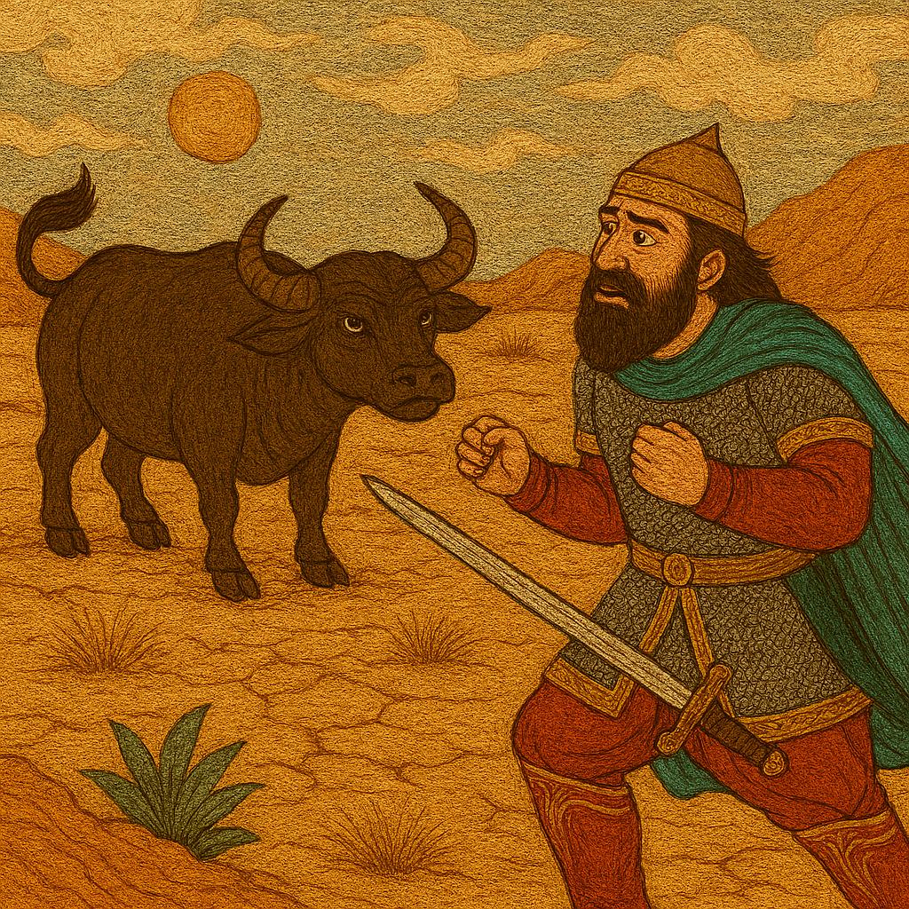 Bearded warrior with raised sword faces a dark water buffalo in a sun-baked desert under a low sun