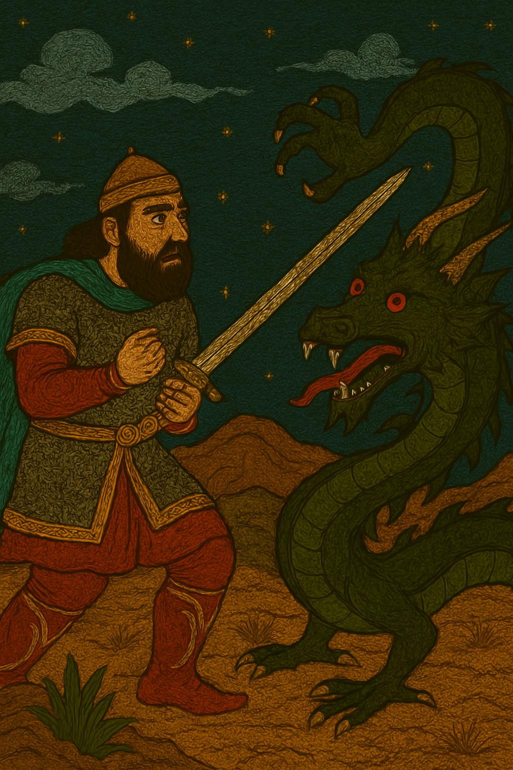 Bearded warrior in red and ink robes raises a curved sword against a red-eyed green dragon under a starlit night sky