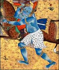 Blue-skinned demon in white floral shorts mid-leap on a yellow background — a Persian miniature in the Safavid style
