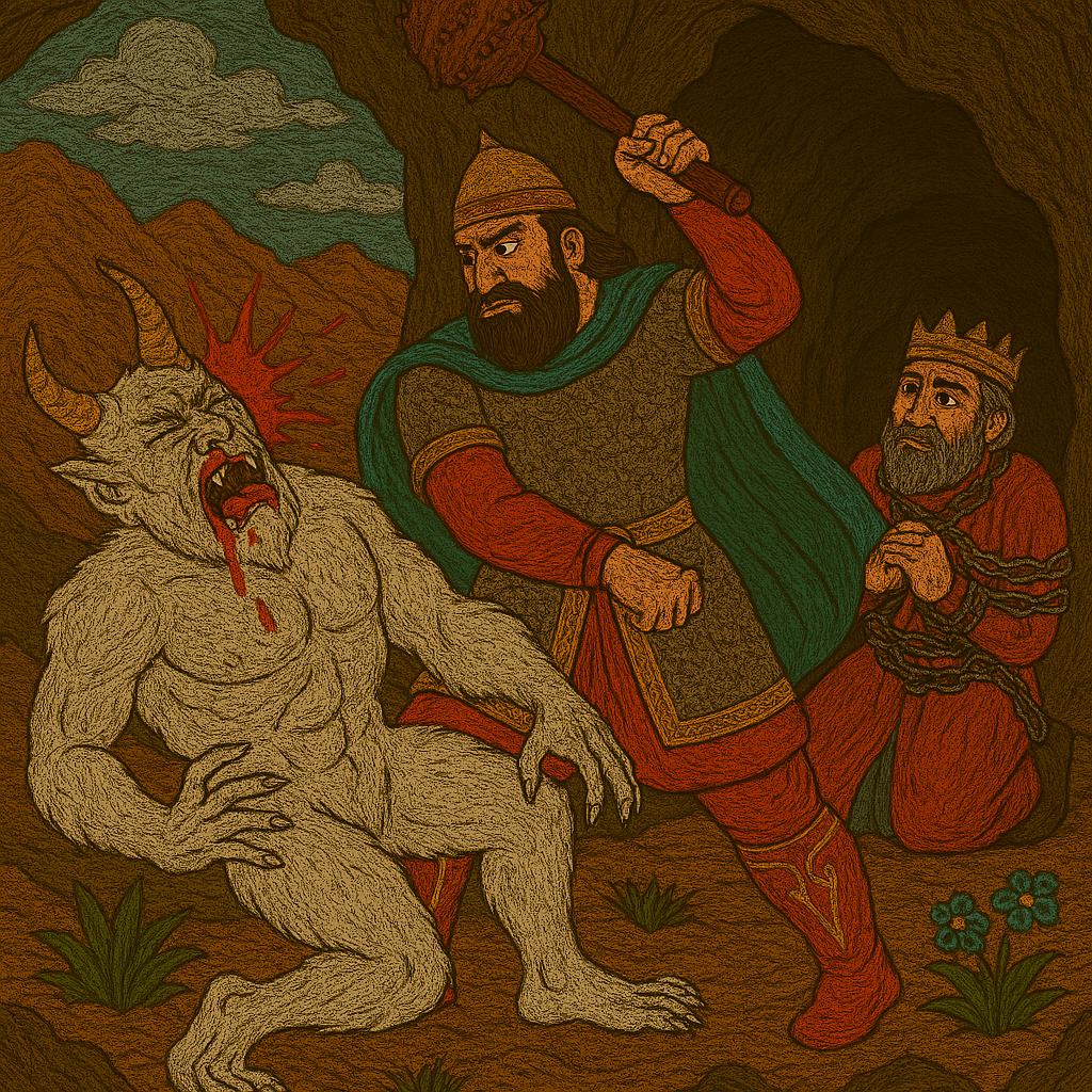 A warrior in green cape brings a mace down on a horned demon's skull in a cave; a chained, crowned king watches at the right