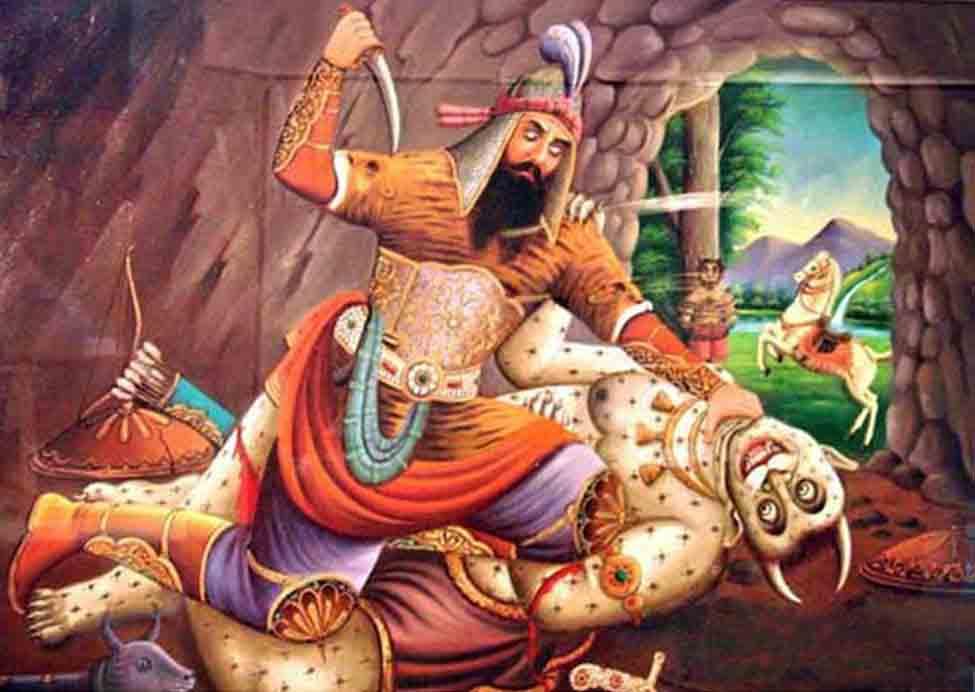 Rostam in feathered helmet draws a curved dagger over the sprawled, white-spotted Deeve Sepeed inside a cave; a horse stands by the cave-mouth in the green outside