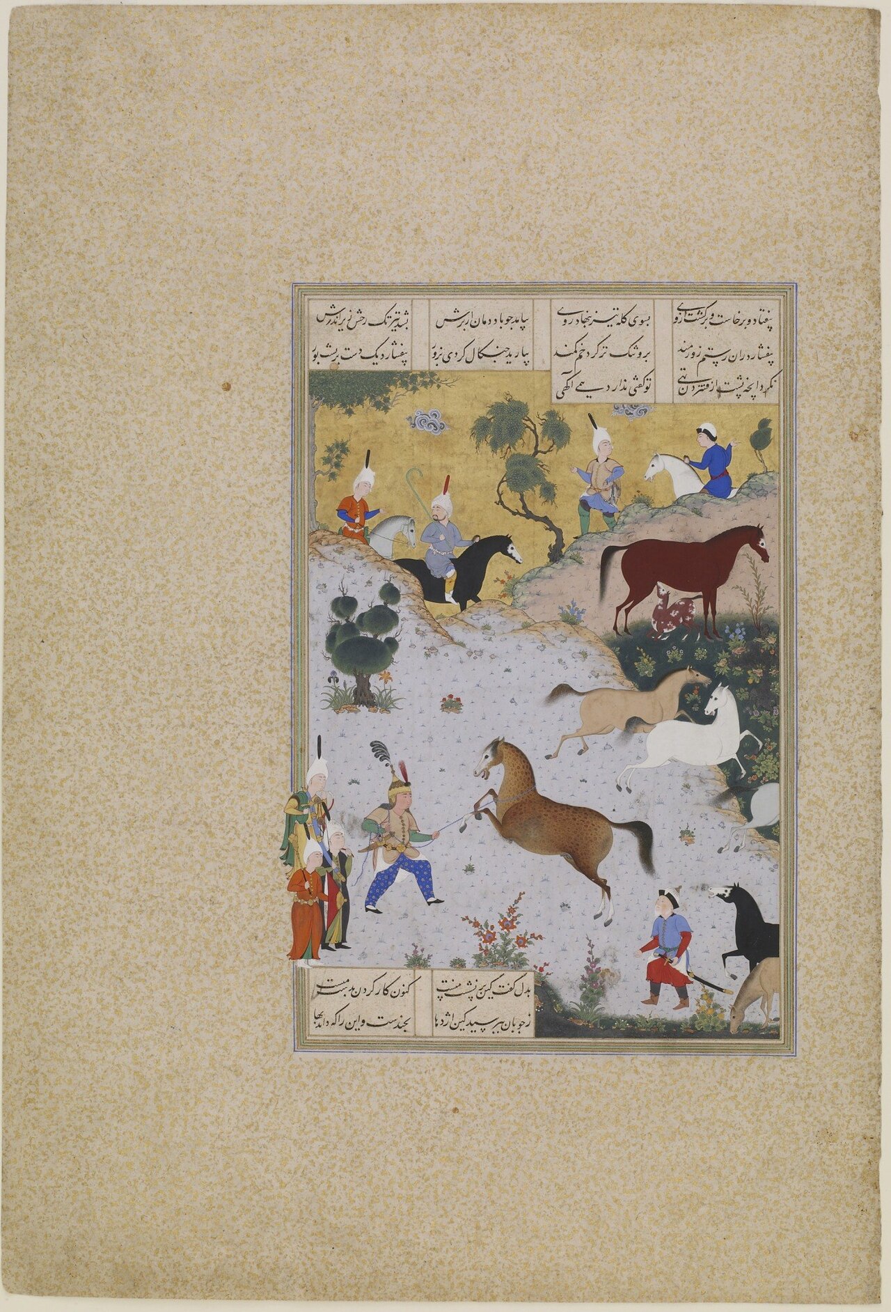 Rostam lassoes the horse Rakhsh
